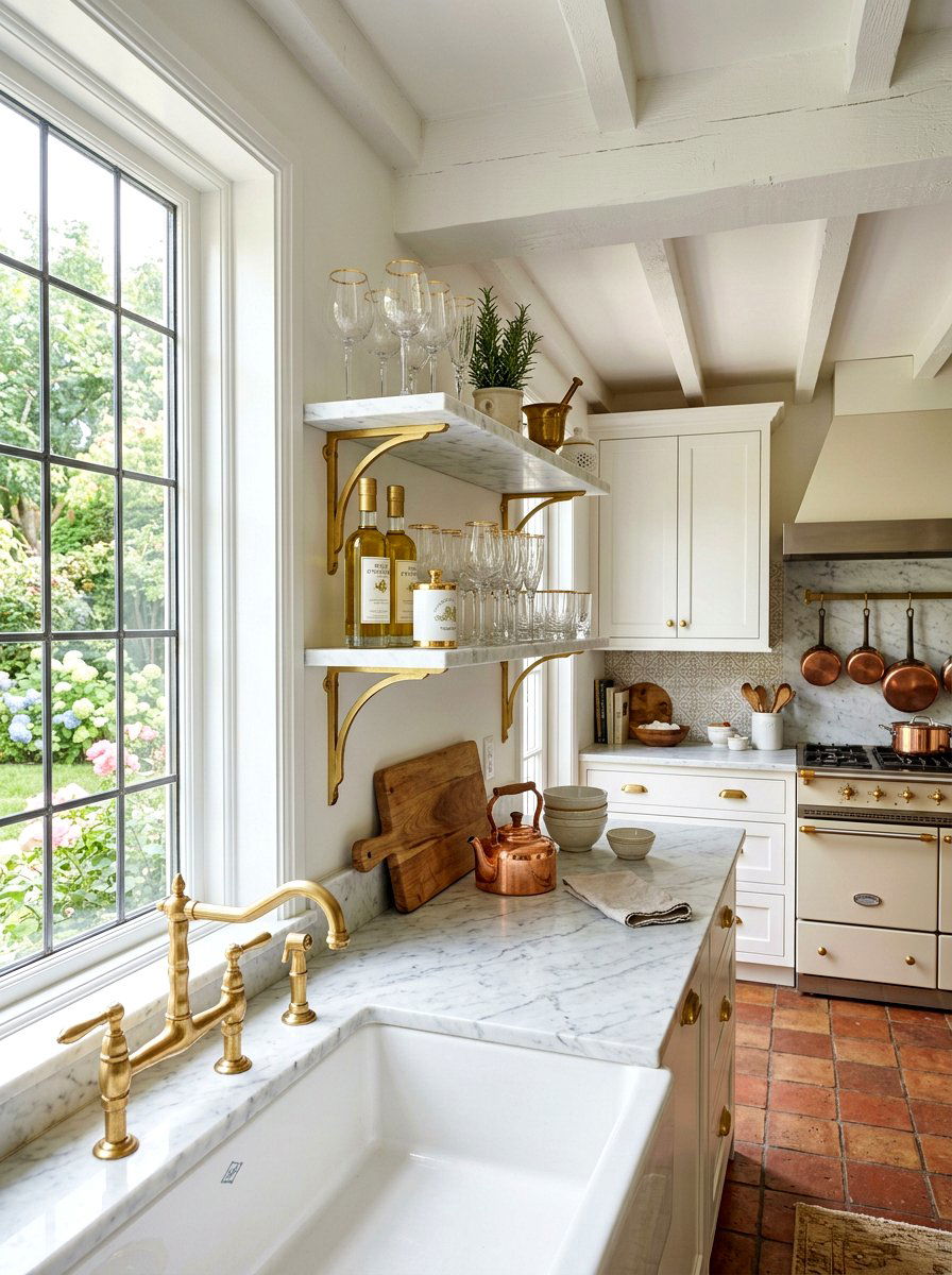 Marble Top Wall Shelf - 30 French cottage kitchen shelf ideas