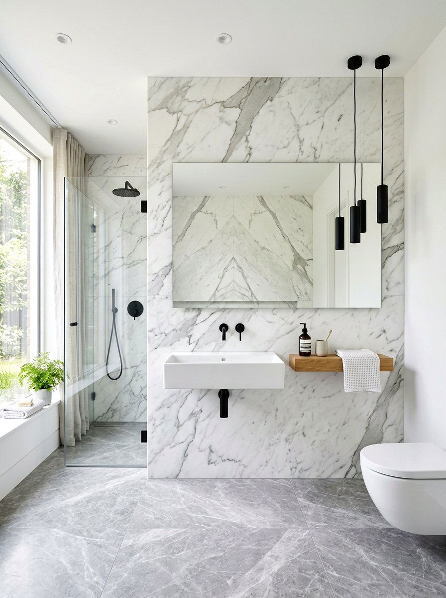 Marble Wall Bathroom - 30 tiny powder bath ideas