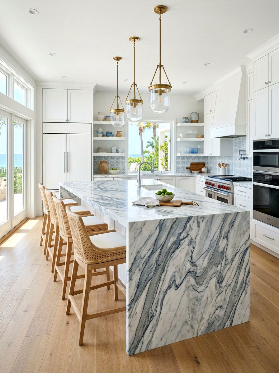 Marble Waterfall Island - 30 beach house kitchen ideas