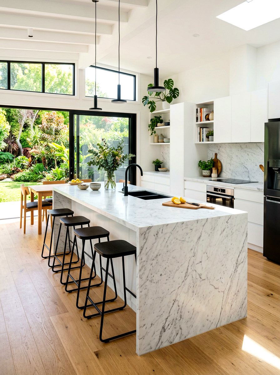 Marble Waterfall Island - 30 slab stone kitchen ideas