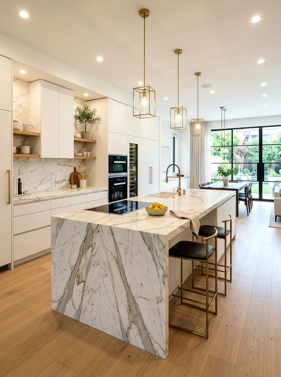 Marble Waterfall Island Kitchen - 30 California casual kitchen ideas