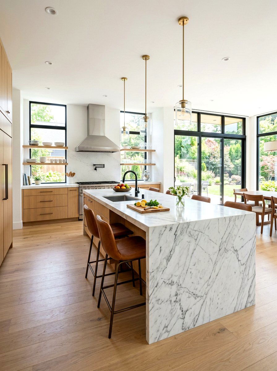 Marble Waterfall Kitchen Island - 30 organic modern kitchen ideas