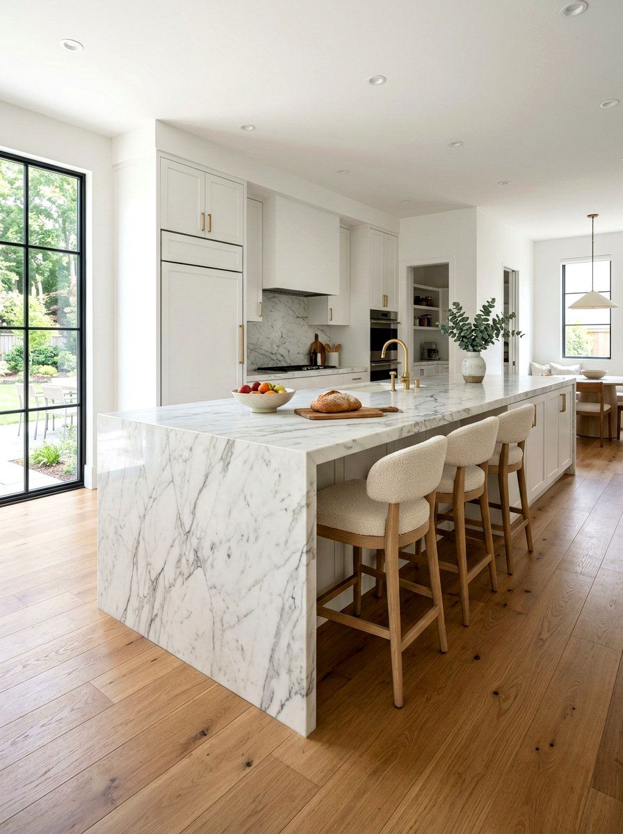 Marble Waterfall Kitchen Island - 30 modern farmhouse kitchen island ideas