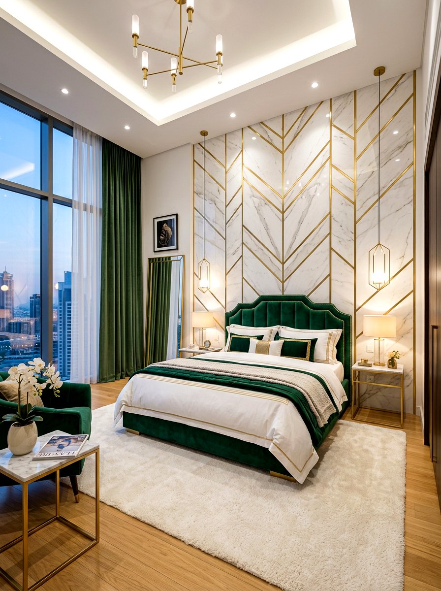 Marble and metallic wall bedroom - 30 futuristic glam bedroom ideas