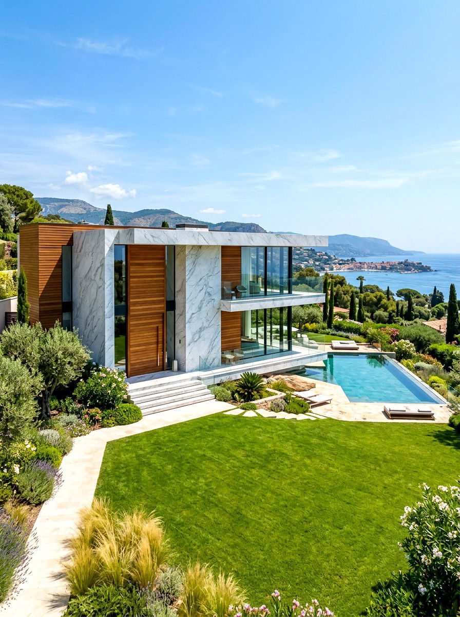 Marble and wood exterior - 30 mixed material facade ideas