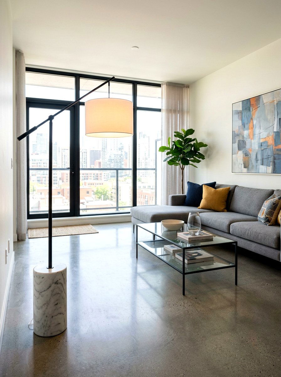 Marble base floor lamp - 30 cozy lamp lit living room ideas