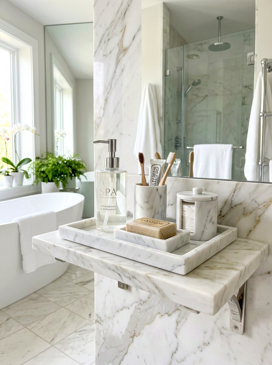 Marble bathroom accessory set - 30 spa shelf styling bathroom ideas