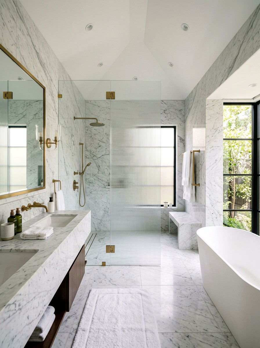 Marble bathroom fluted glass shower - 30 ribbed glass shower ideas