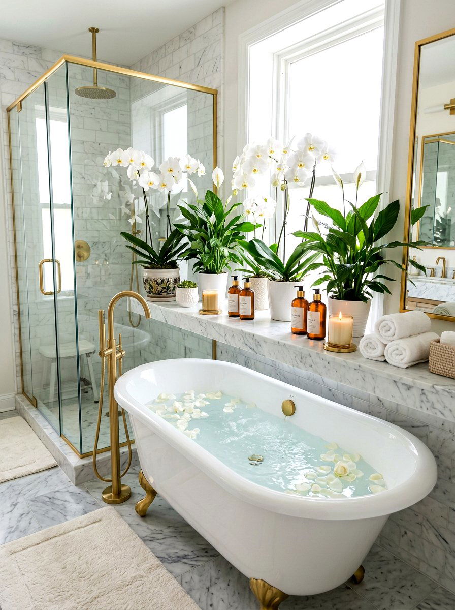 Marble bathroom ledge shelf - 30 bathroom plant shelf ideas