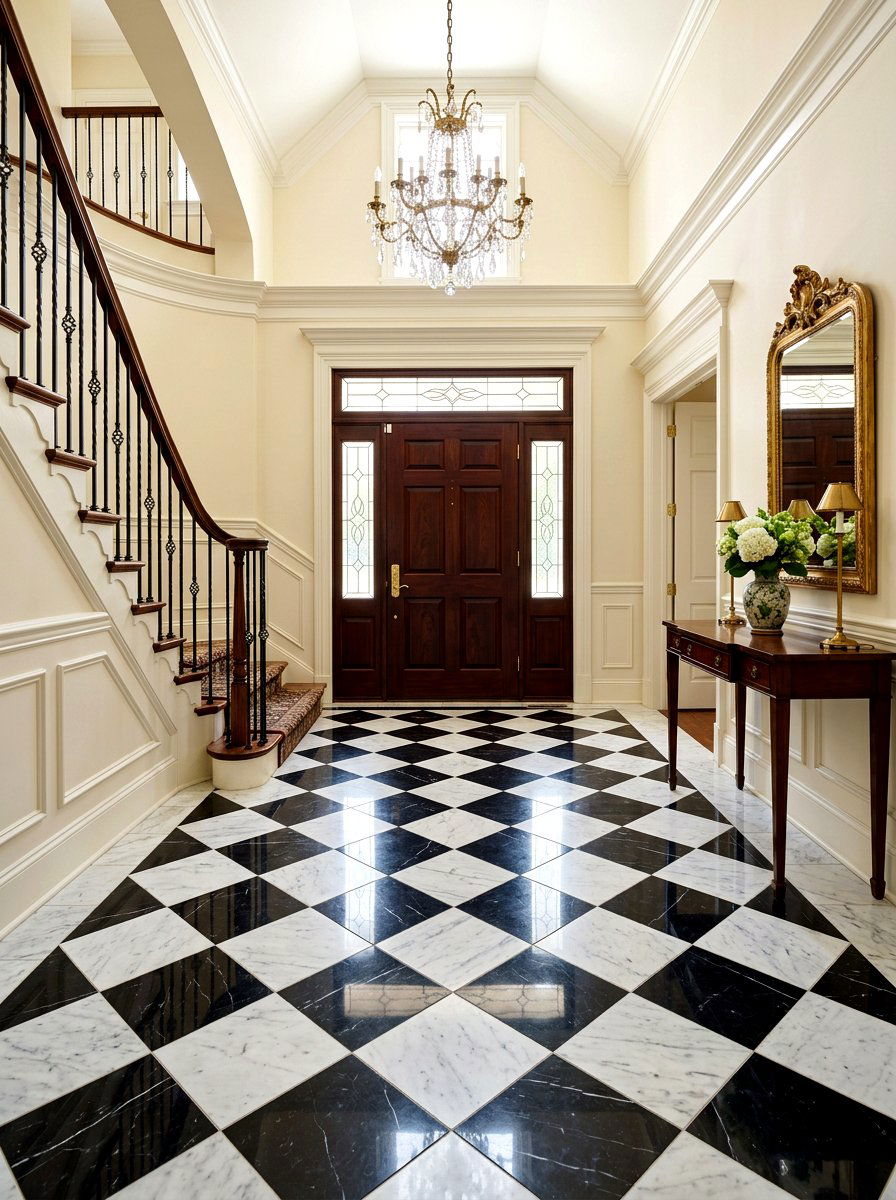 Marble checkerboard entryway tile - 30 checkerboard decor ideas
