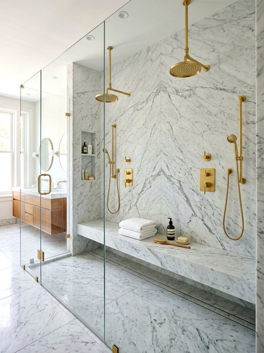 Marble double shower with bench - 30 double shower bathroom ideas