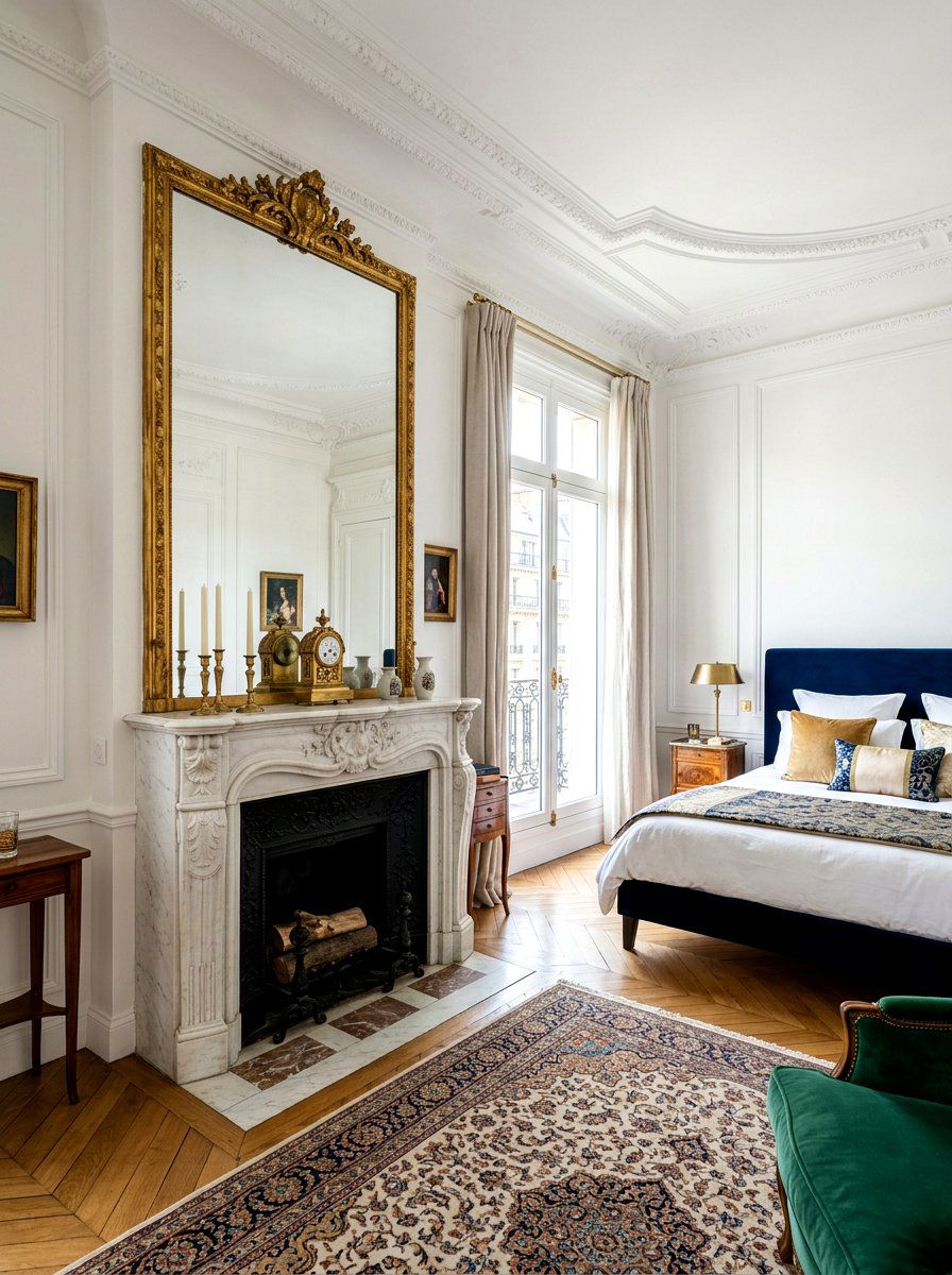 Marble fireplace - 30 Parisian hotel bedroom ideas