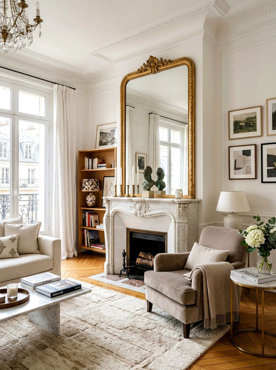 Marble fireplace mantel decor - 30 Parisian living room ideas