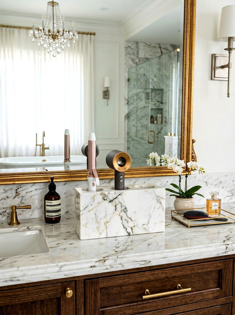 Marble hair tool holder - 30 hair tool storage ideas