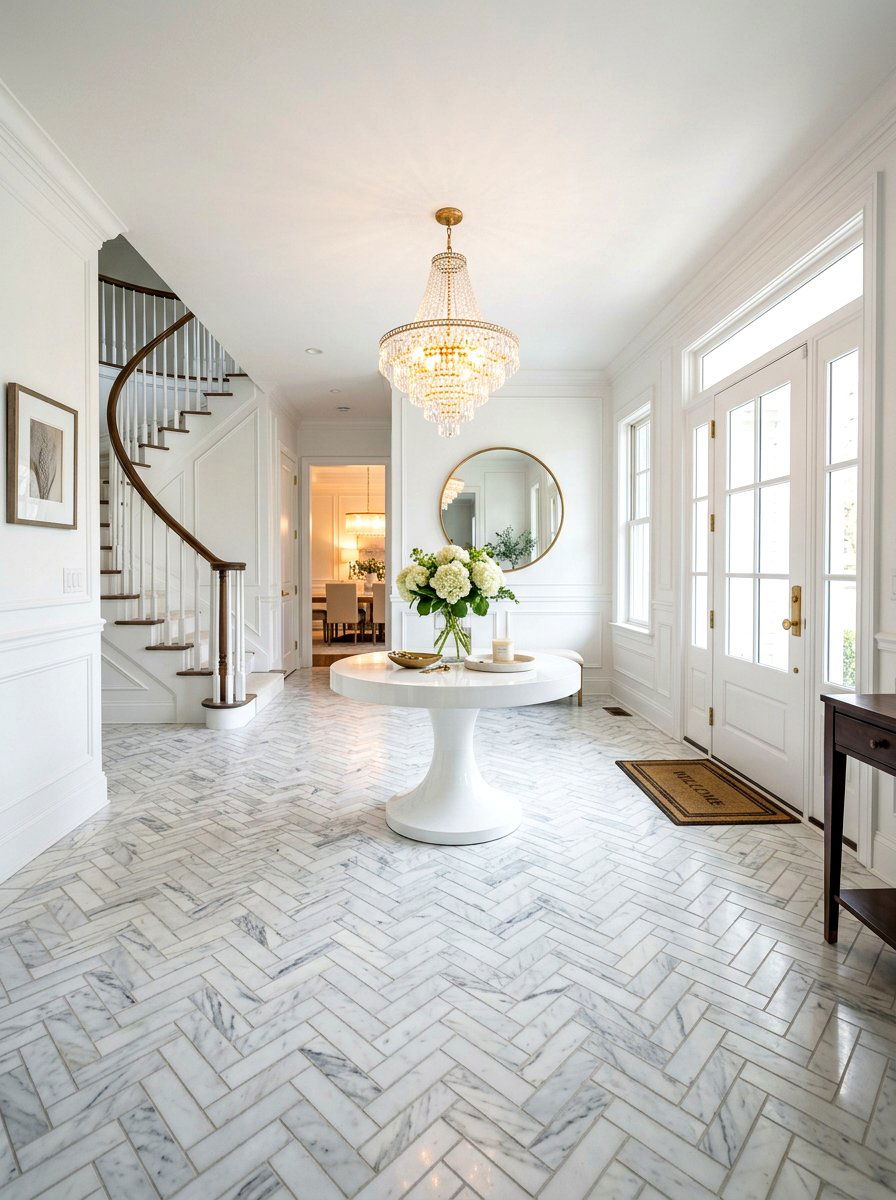 Marble herringbone mosaic tile - 30 patterned mudroom tile ideas