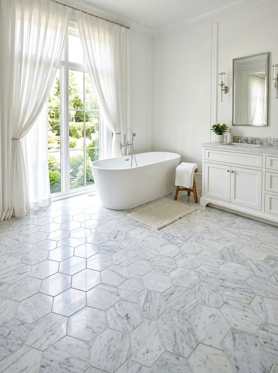 Marble hexagon floor tile - 30 coastal grandmother bathroom ideas