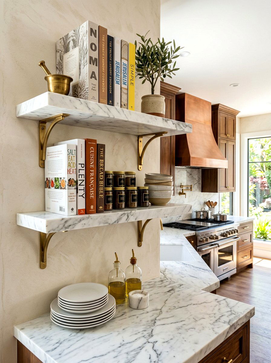 Marble kitchen shelving - 30 cookbook shelf kitchen ideas