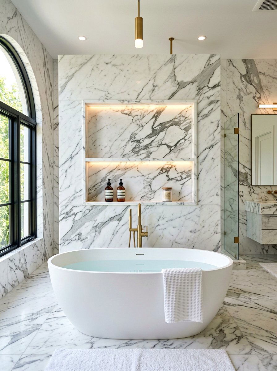 Marble lined bathroom niche - 30 recessed medicine niche ideas