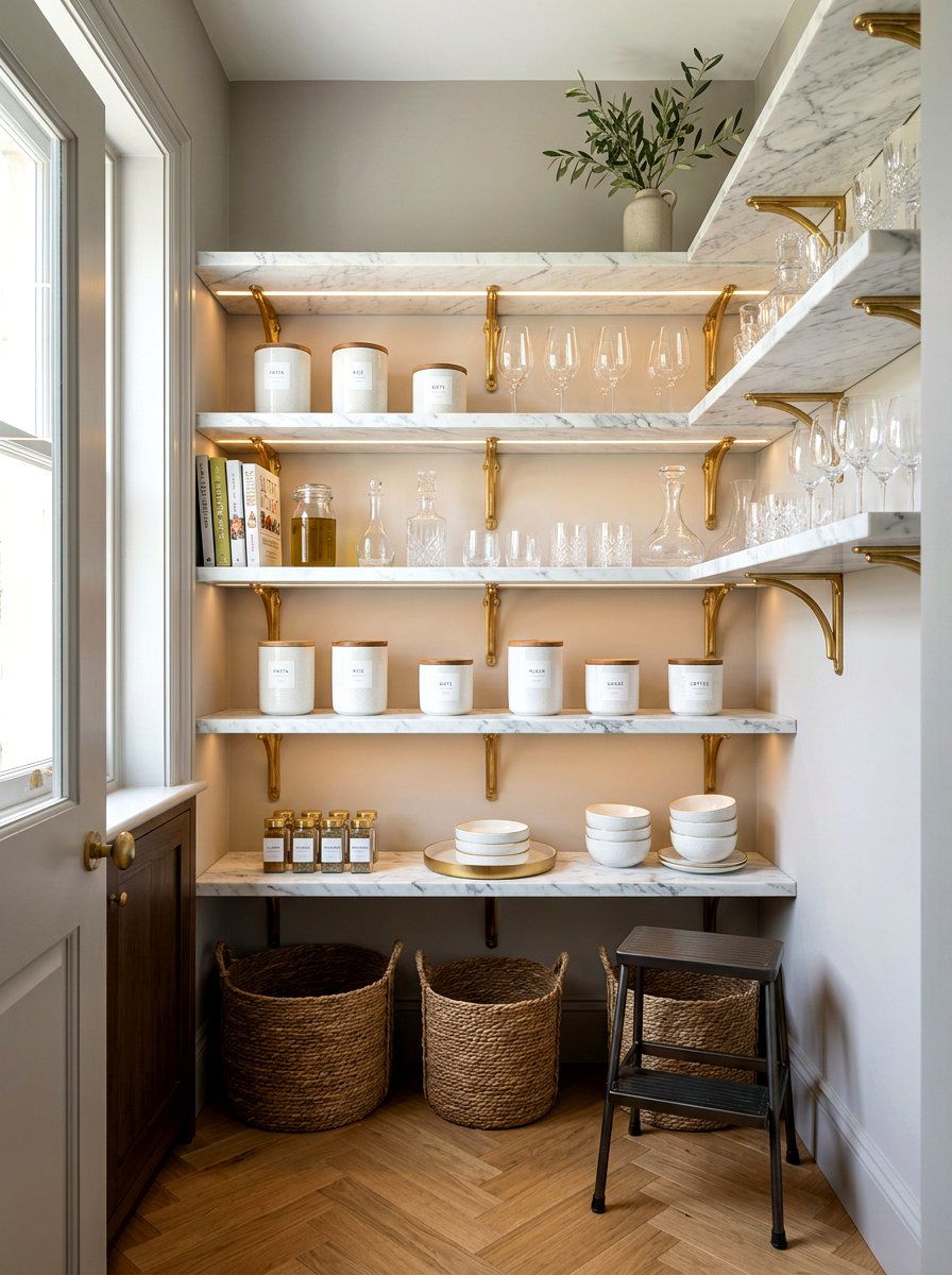 Marble shelf pantry design - 30 pantry with open shelving ideas