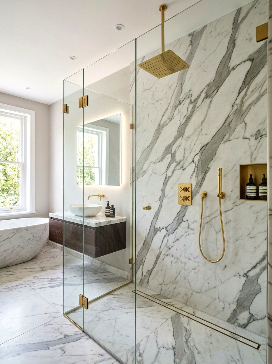 Marble slab shower wall - 30 niche tile contrast ideas
