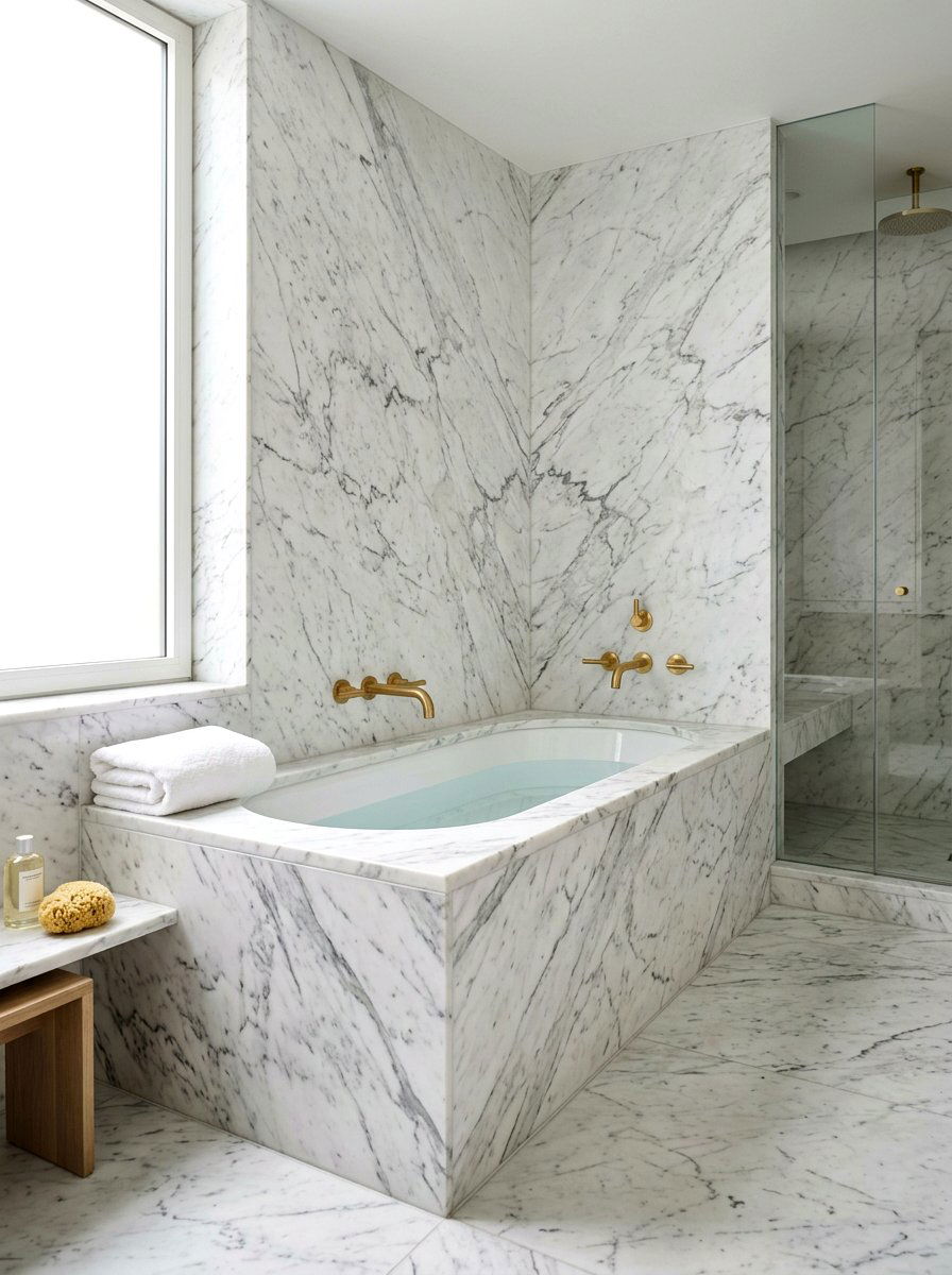 Marble stone drenching tub - 30 tub nook bathroom ideas