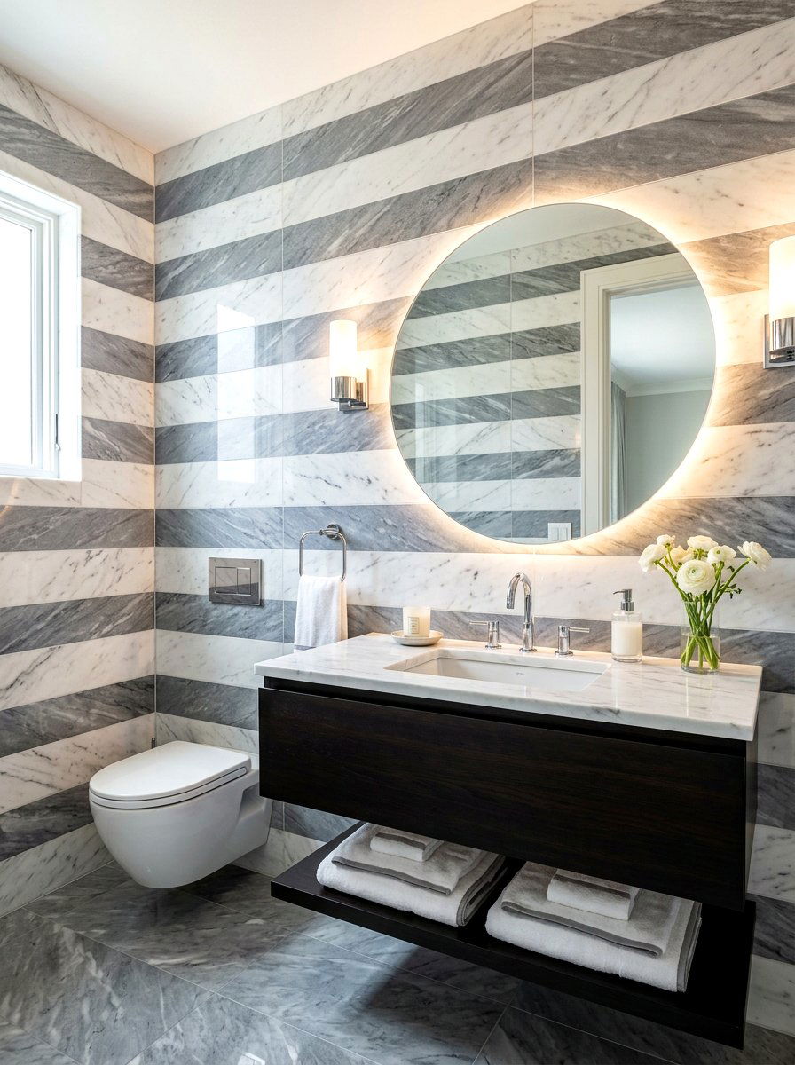 Marble tile striped walls - 30 striped powder room ideas