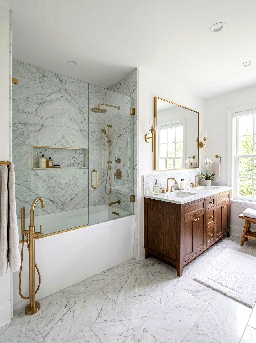 Marble tile tub shower - 30 tub shower combo ideas