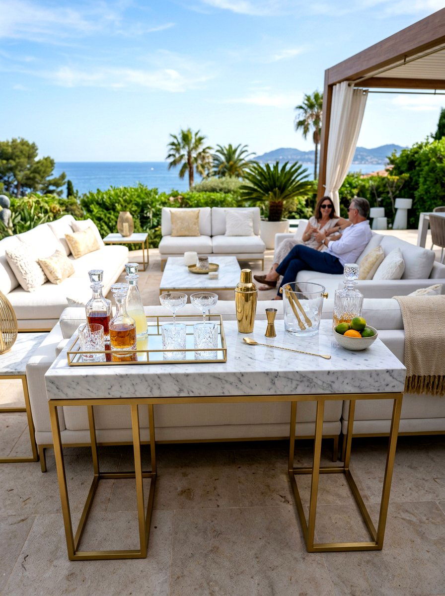 Marble top beverage console - 30 drink station patio ideas