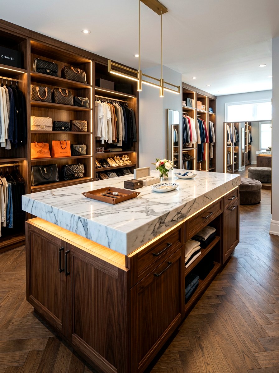 Marble top closet island - 30 glam closet ideas
