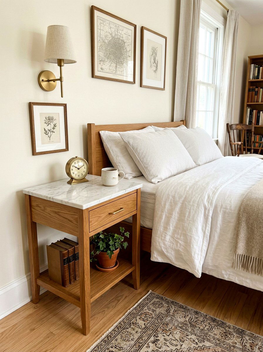 Marble top nightstand - 30 light academia bedroom ideas
