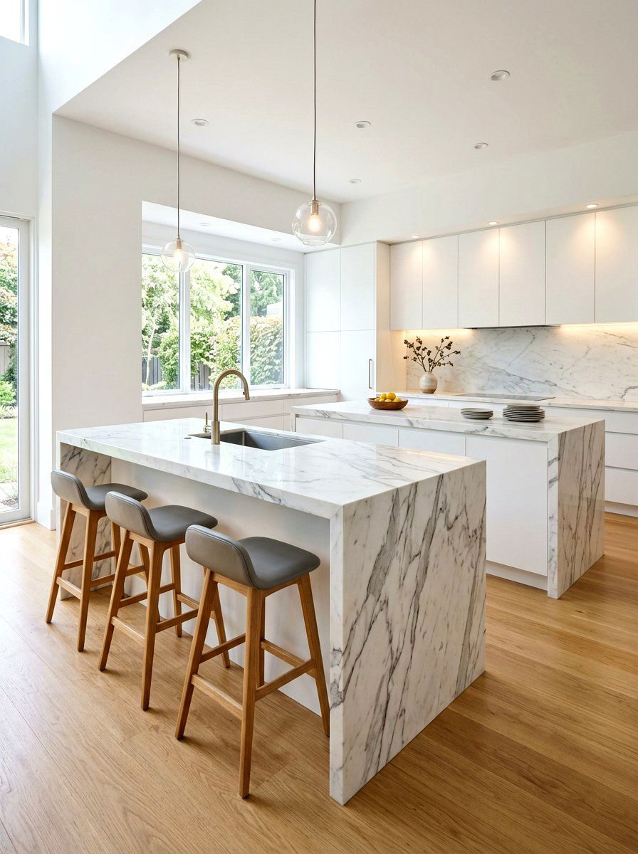 Marble waterfall island - 30 double island kitchen ideas