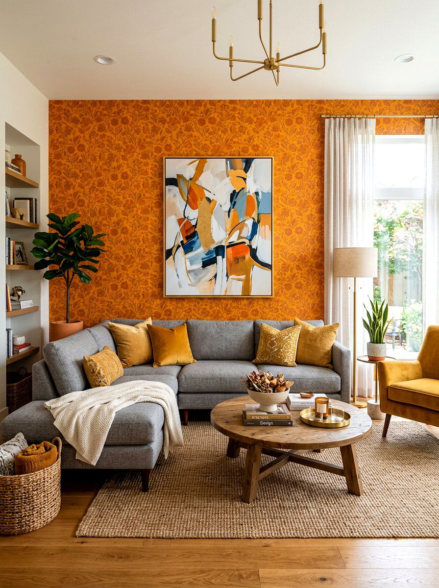 Marigold Accent Wall Lounge Wallpaper - 30 spring floral wallpaper ideas