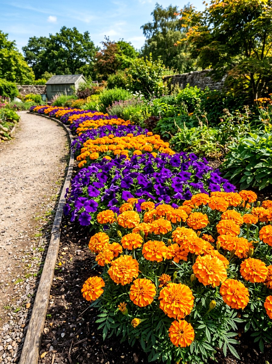 Marigold and petunia mix - 30 annual flower border ideas