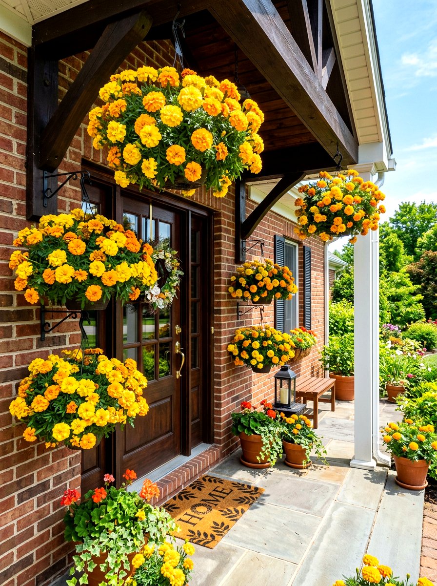 Marigold porch basket - 30 porch floral basket ideas