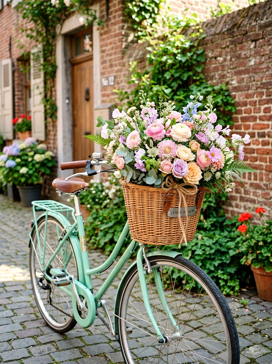 Market bouquet in bicycle basket - 30 market bouquet decor ideas