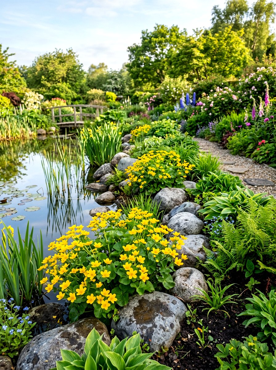 Marsh Marigold Pond Edge Planting - 30 pond edge planting ideas