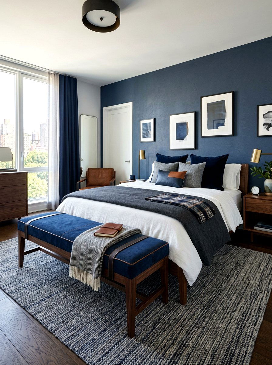 Masculine Bedroom With Suede Bench - 30 bedroom bench ideas