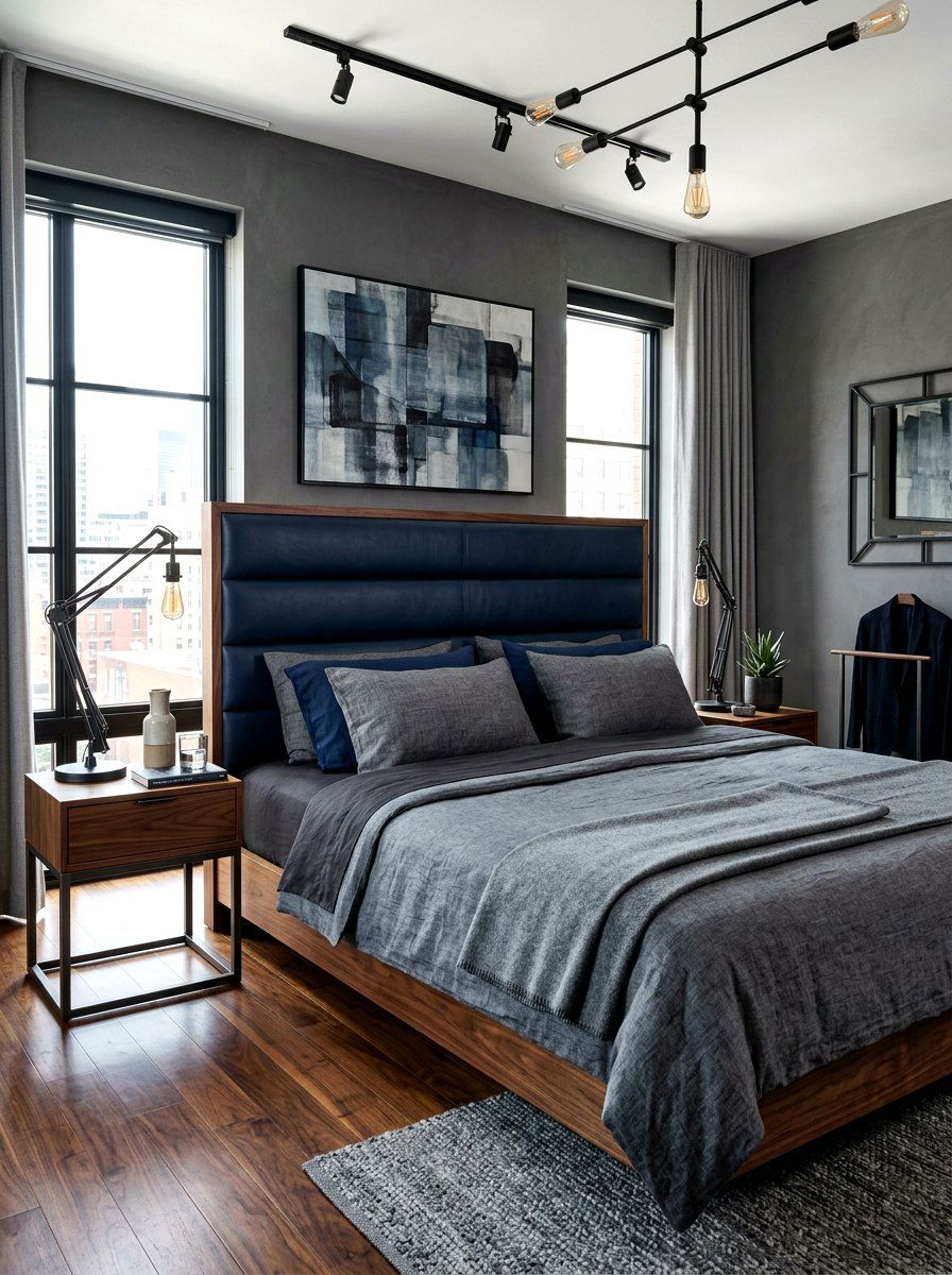 Masculine Navy Leather Bed - 30 cozy bedscape ideas