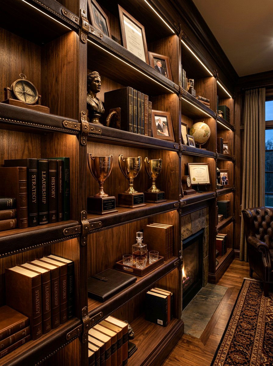 Masculine leather office shelves - 30 home office shelf ideas