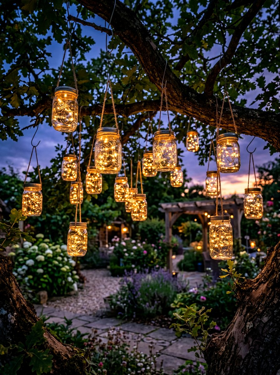 Mason Jar Hanging Lights - 30 backyard wedding decor ideas