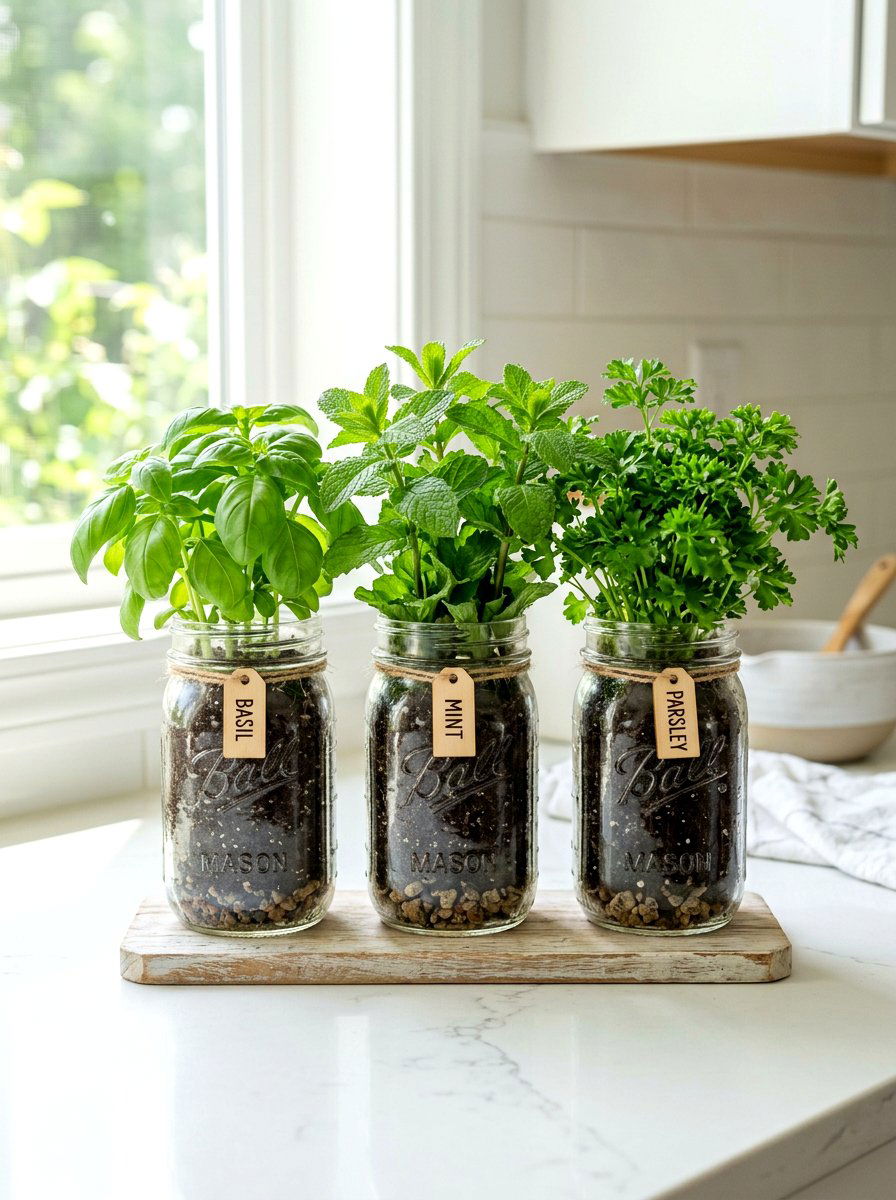 Mason Jar Herb Garden - 30 budget vegetable garden ideas