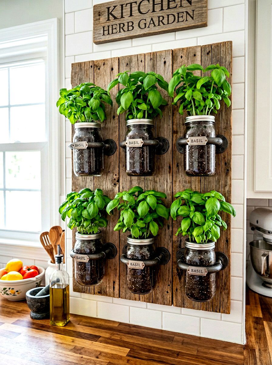 Mason Jar Herb Garden Wall - 30 rustic herb garden ideas