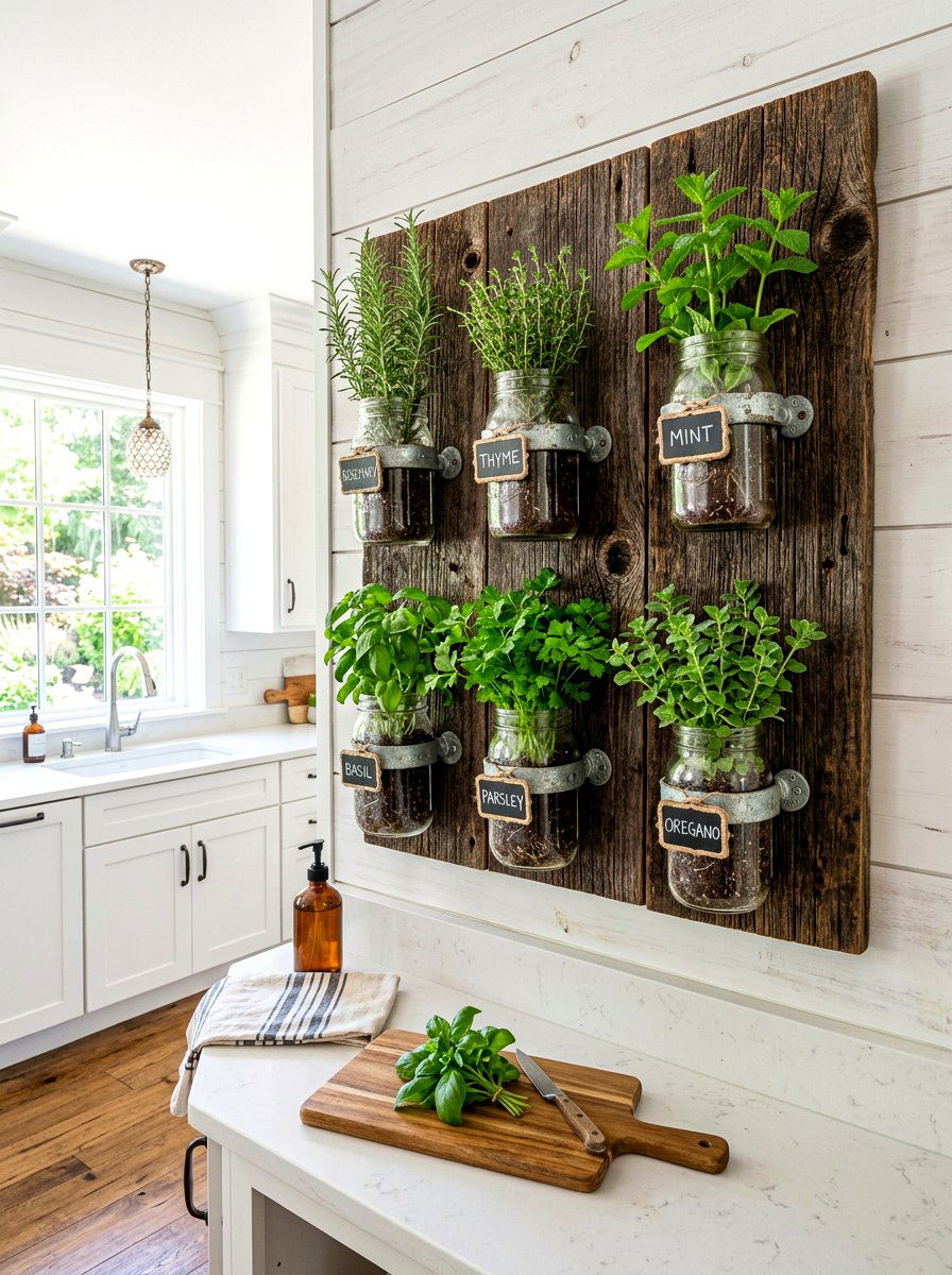Mason Jar Herb Wall - 30 herb garden corner ideas