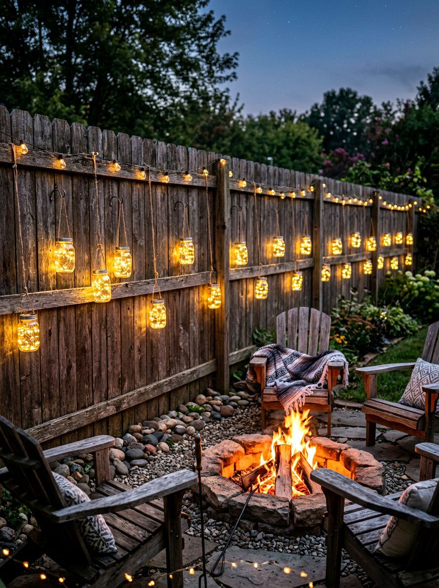Mason Jar Lights Fire Pit Fence - 30 fire pit lighting ideas