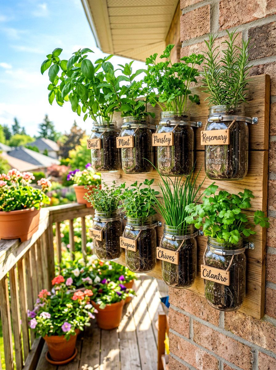 Mason Jar Wall - 30 outdoor vertical garden ideas