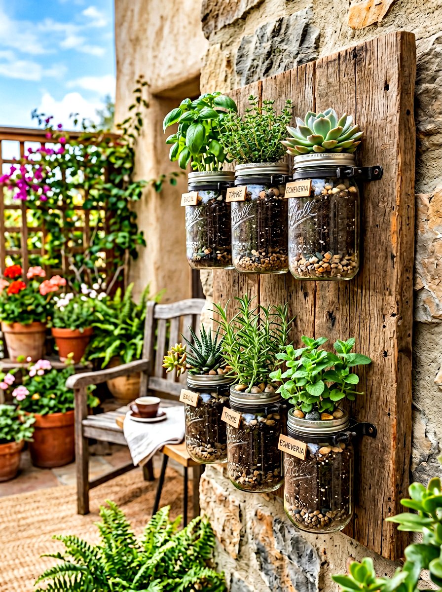 Mason Jar Wall - 30 rustic container garden ideas