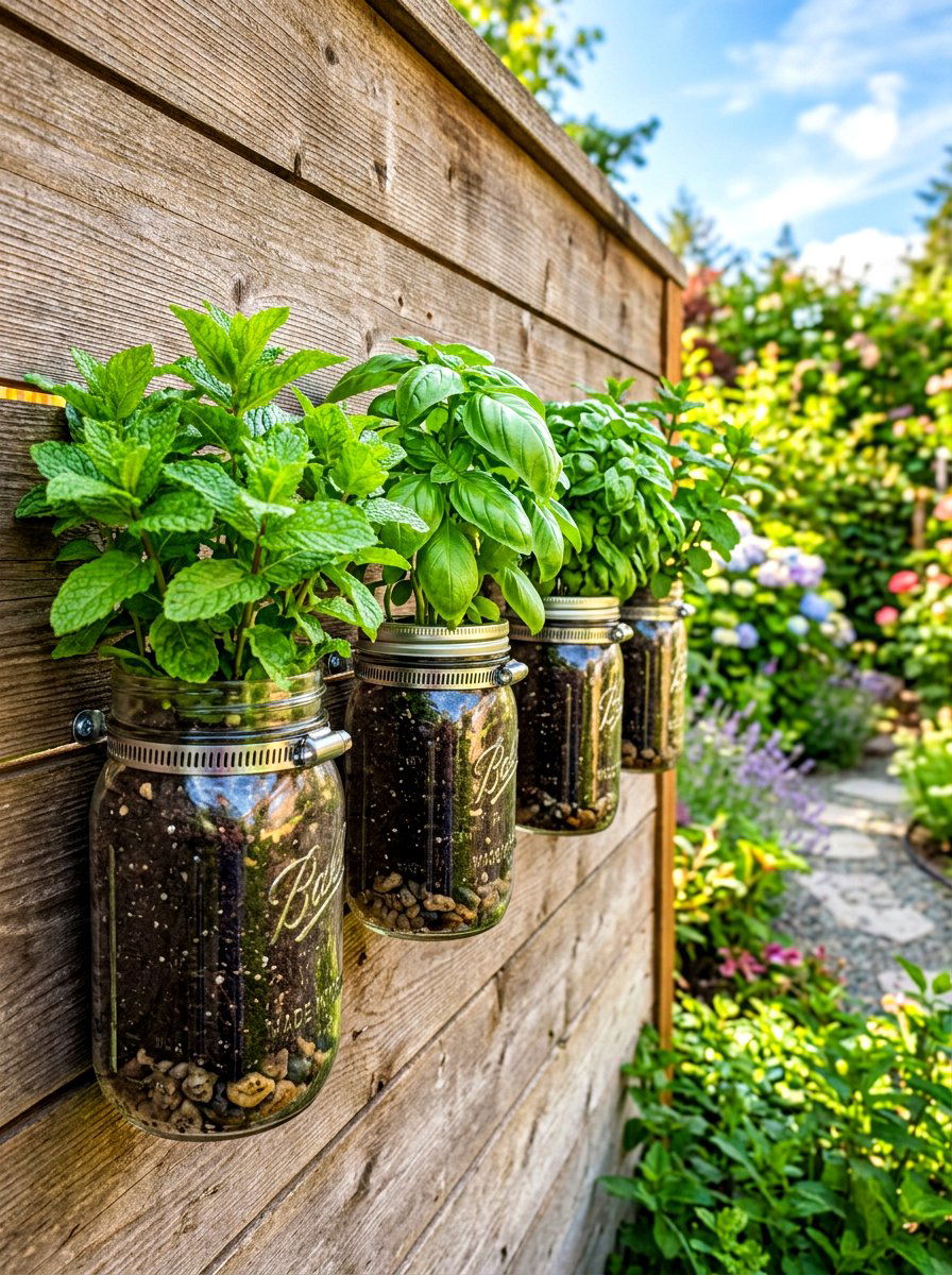 Mason Jar Wall - 30 fence planter ideas