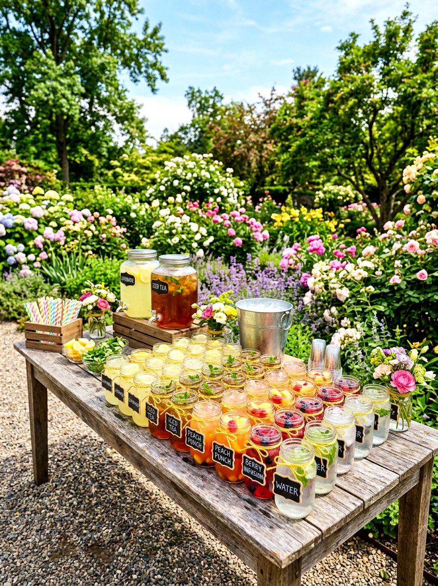 Mason jar beverage station - 30 lemonade patio party ideas