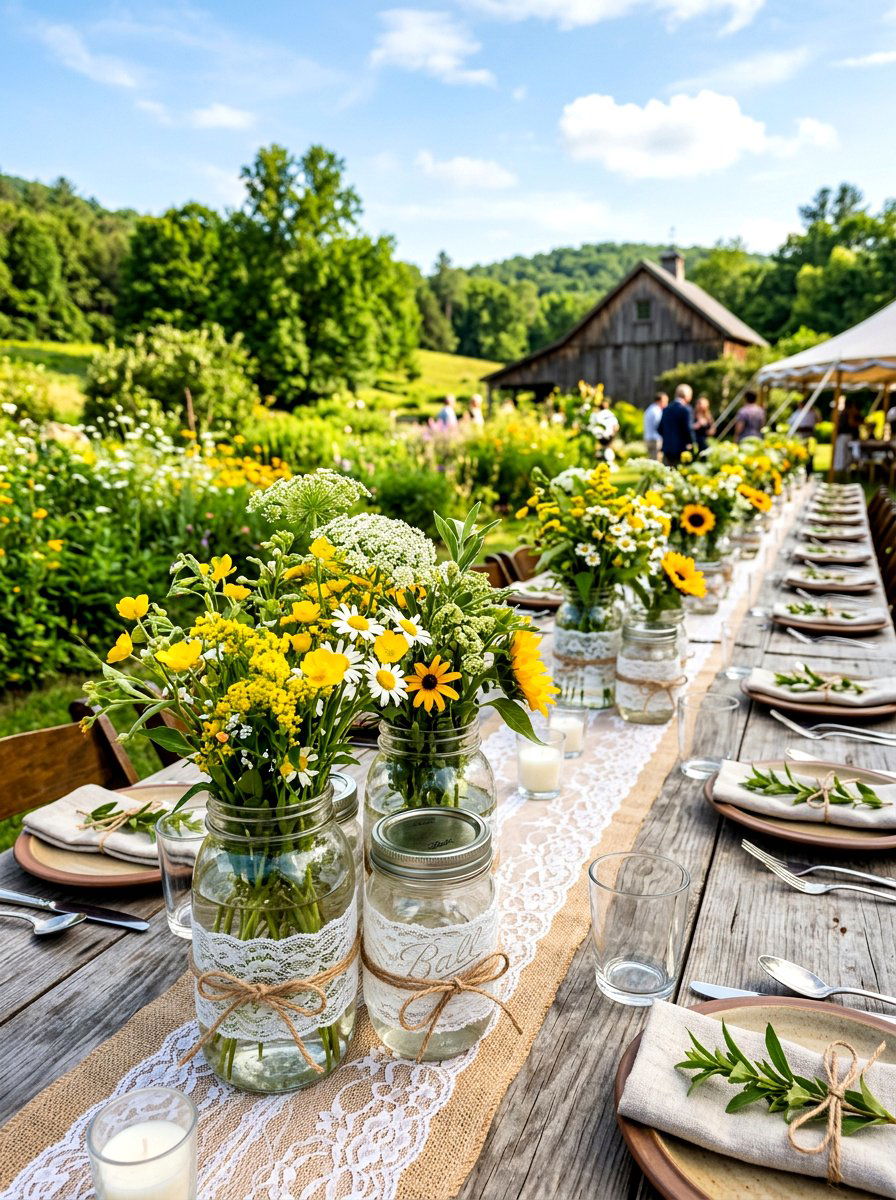 Mason jar centerpiece table - 30 baby shower backyard decor ideas