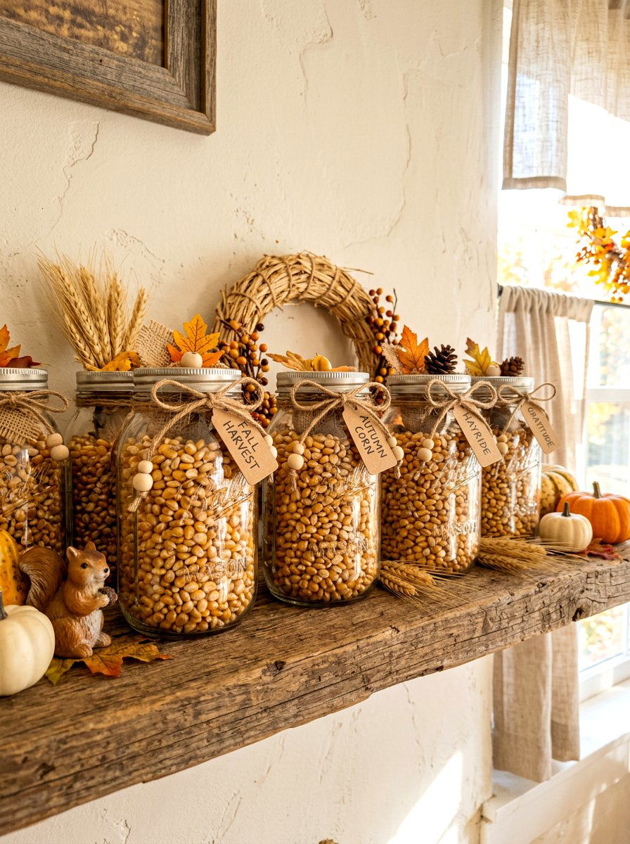 Mason jar fall display - 30 fall kitchen shelf decor ideas